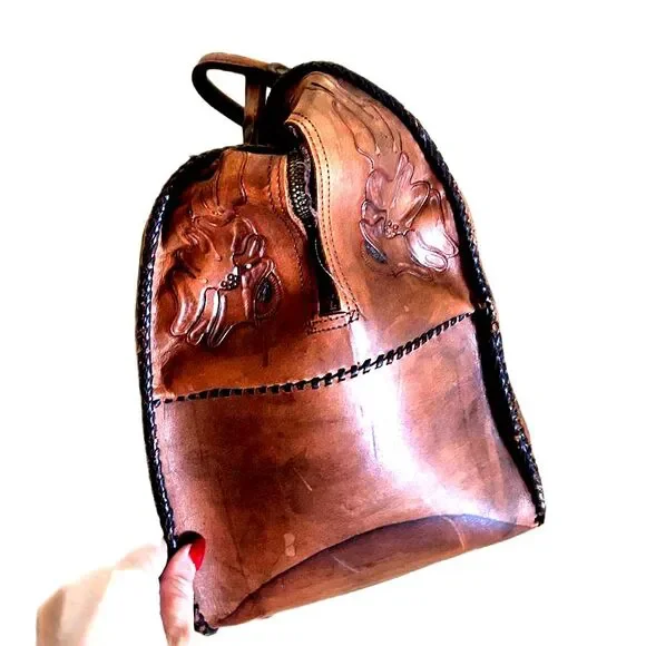 Vintage Etched Brown Tan Leather Embossed Handbag Bowling Bag Tote Bag Western - Picture 4 of 6